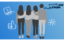 在蓝色背景上，4个女人手挽着手站在一起.
